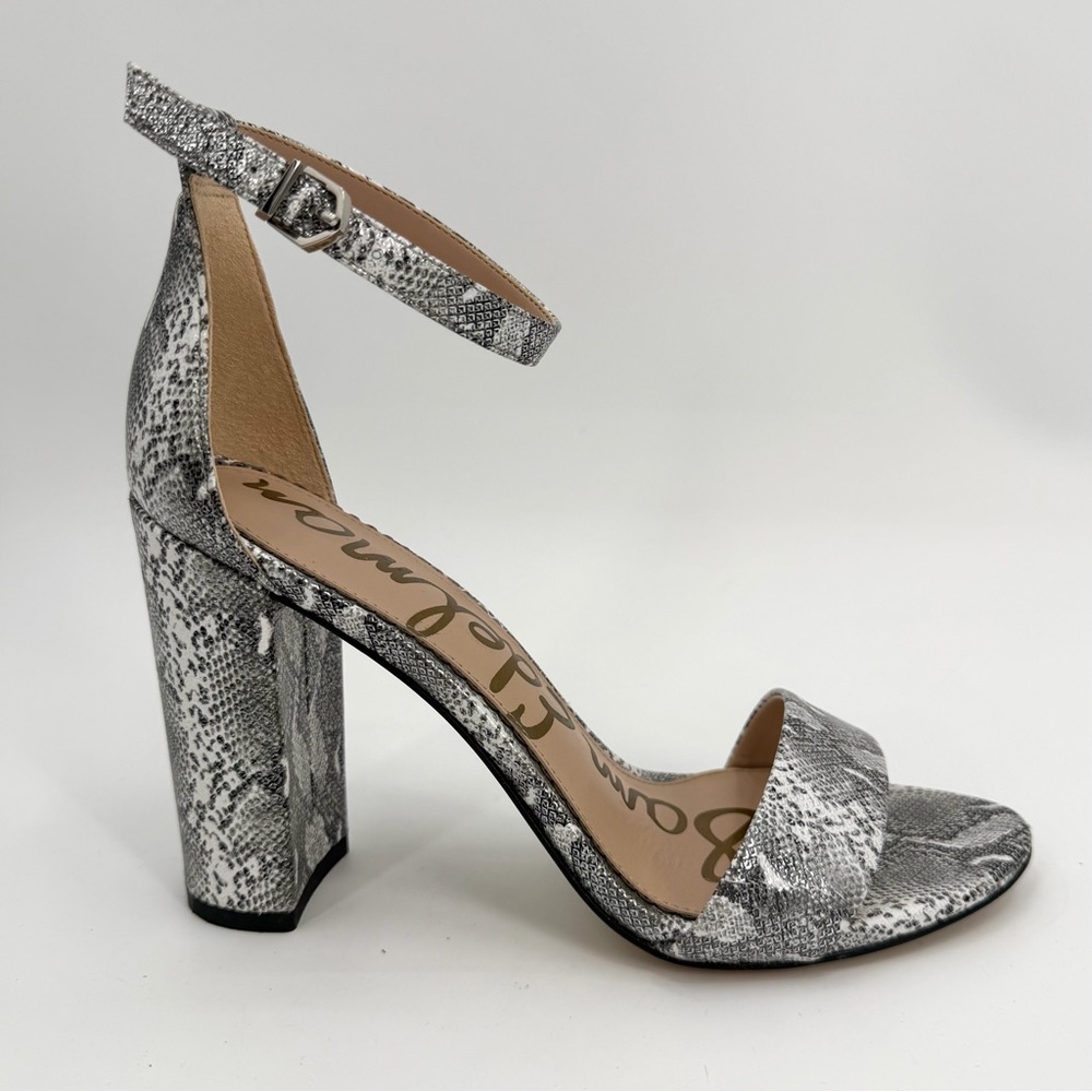 Sam Edelman Sandals Womens 7.5 M Silver Snake Print YARO Ankle Strap Block Heels